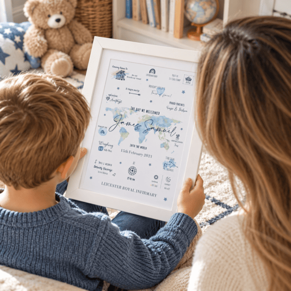 Personalised baby birth print with blue and green world map design.