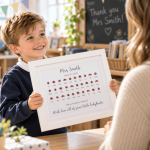 Child receiving a personalised ladybird teacher gift print in classroom.