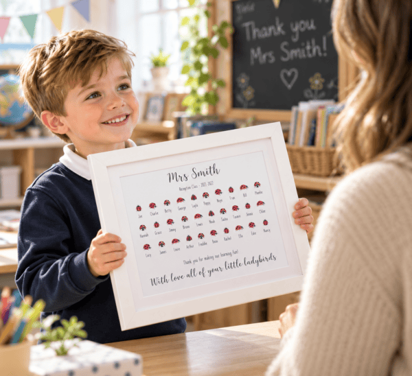 Child receiving a personalised ladybird teacher gift print in classroom.