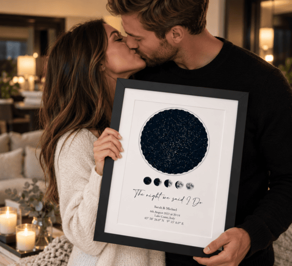 Couple kissing while holding a personalised star map print in a cozy setting.