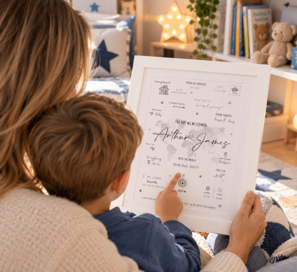 Personalised baby keepsake print with birth details and illustrations.