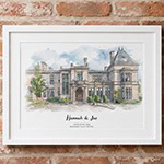 Watercolor painting of a historic house with trees and a cloudy sky.