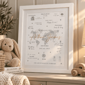 Personalised world map birth print with child's name and details in a white frame.