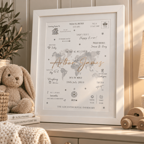 Personalised world map birth print with child's name and details in a white frame.