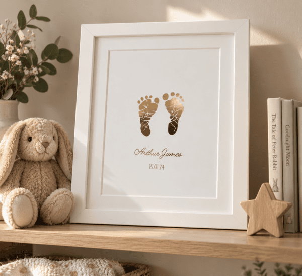 Personalised baby footprint foil print with name and date in a white frame.