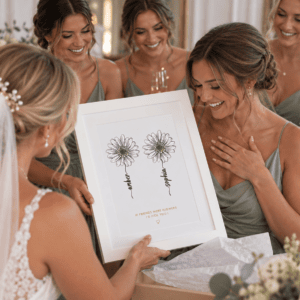 Bridesmaids and bride admire personalized flower print at wedding celebration.
