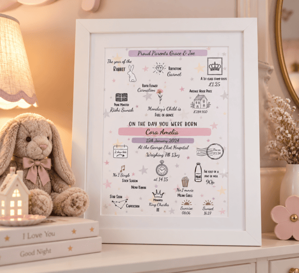 Personalised birth print with baby details and symbols in a white frame.