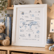 Personalised baby birth print with blue and green world map design in a white frame.