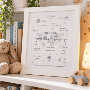 Personalised baby birth print with details on a white frame on a nursery shelf.