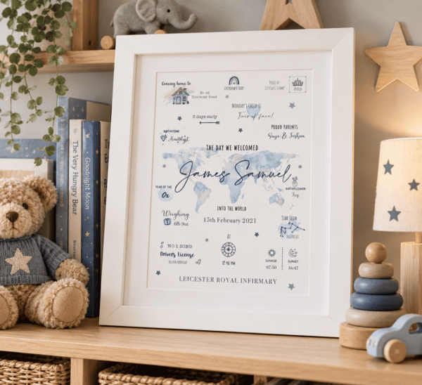 Personalised baby birth print with blue and green world map design in a white frame.