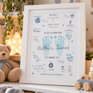 Personalised baby footprint print with birth details and decorative elements.