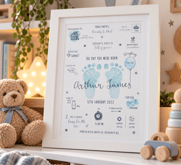 Personalised baby footprint print with birth details and decorative elements.
