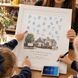 Personalised school fingerprint keepsake print with children's names and footprints.