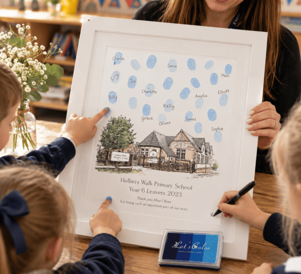 Fingerprint Keepsake for Miss Oliver Personalised school fingerprint keepsake print with children's names and footprints.