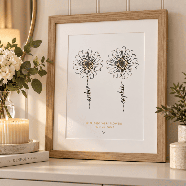 Personalised floral print with daisy illustrations and heartfelt message.