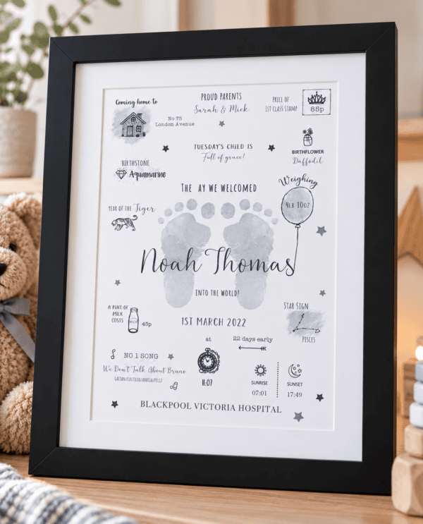 Personalised baby footprint print with birth details in a black frame.