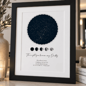 Personalised star map print with custom night sky and message for dad.
