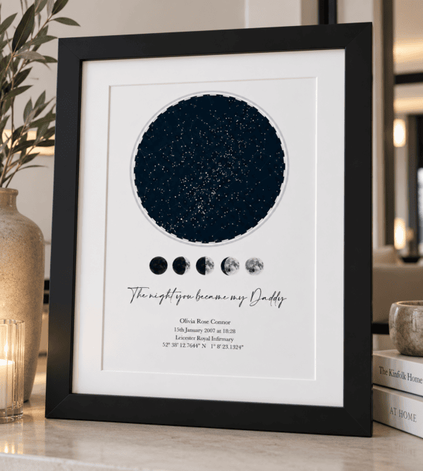 Personalised star map print with custom night sky and message for dad.