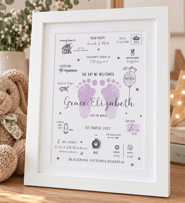 Personalised baby footprint print with name Grace Elizabeth in a white frame.