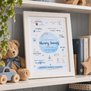 Personalised watercolour birth print for Henry James with birth details and keepsake design.