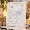 Personalised baby birth map print with blue and grey foil accents in a white frame.