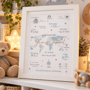 Personalised baby birth map print with blue and grey foil accents in a white frame.