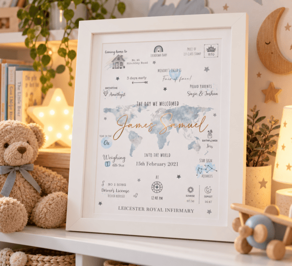 Personalised baby birth map print with blue and grey foil accents in a white frame.