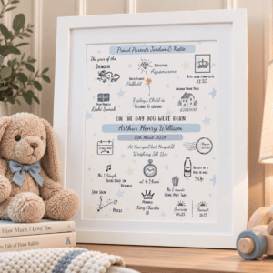 Personalised birth print with baby's details and zodiac signs in a white frame.