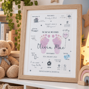 Personalised baby footprint print with name Olivia Mae and birth details.