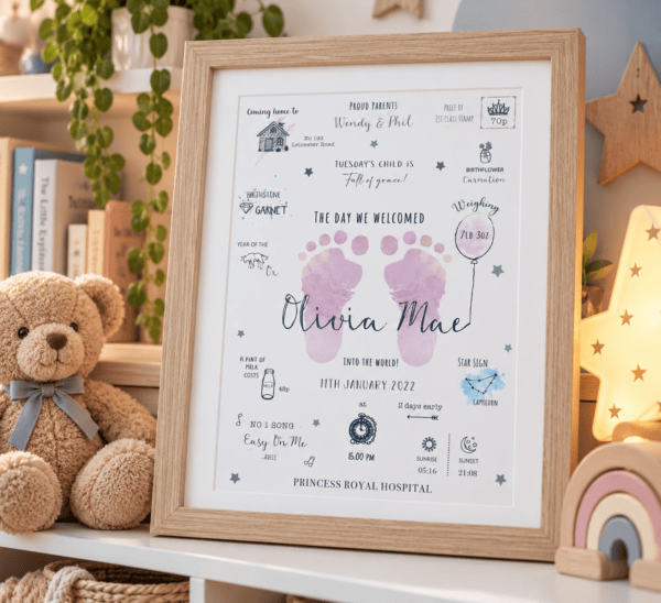 Personalised baby footprint print with name Olivia Mae and birth details.