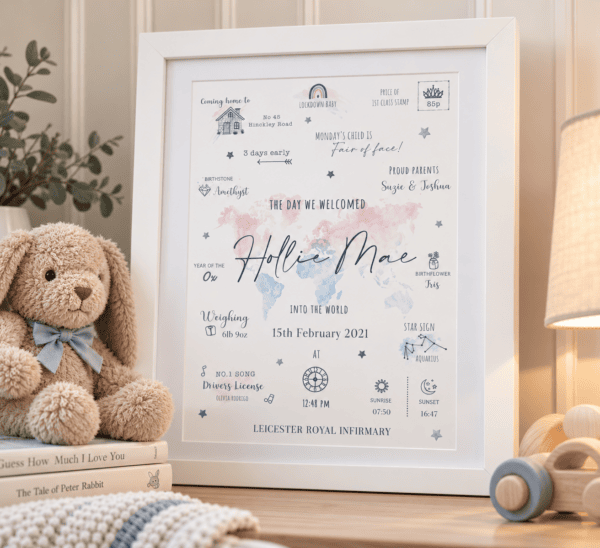 Personalised baby birth print with map and star details for Hollie Mae.