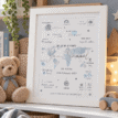 Personalised baby birth print with blue and green foil world map design.