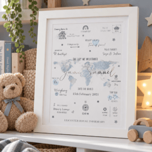 Personalised baby birth print with blue and green foil world map design.