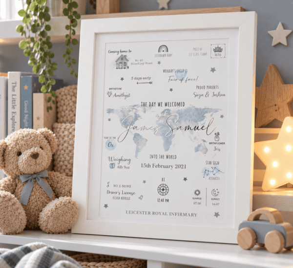 Personalised baby birth print with blue and green foil world map design.
