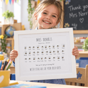Child holding a personalised teacher thank you print with bees and names.