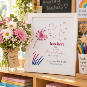 Personalised teacher gift print with dandelion and seeds of knowledge design.