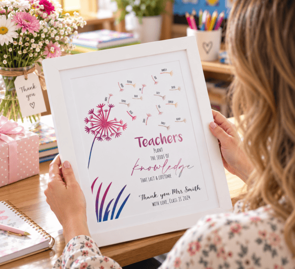 Personalised teacher gift print featuring dandelion design and seeds of knowledge.