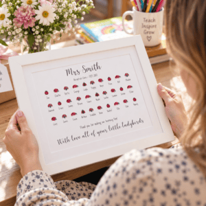 Personalised ladybird teacher gift print with class names and thank you message.