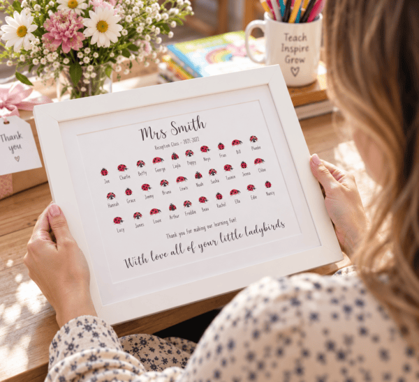 Personalised ladybird teacher gift print with class names and thank you message.