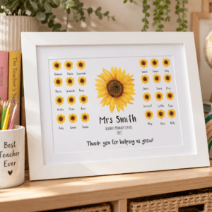 Personalised sunflower teacher gift print with names and thank you message.