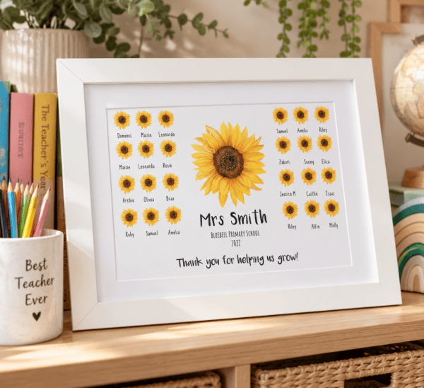 Personalised sunflower teacher gift print with names and thank you message.