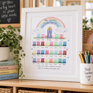 Personalised rainbow wellies teacher gift print with children's names and a rainbow design.