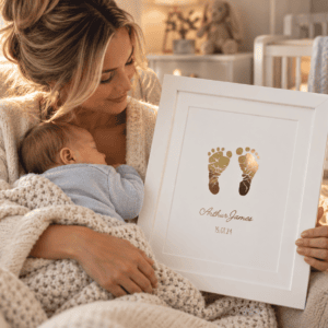 Tender Nursery Keepsake Moment Personalised baby footprint foil print with name and date for keepsake.