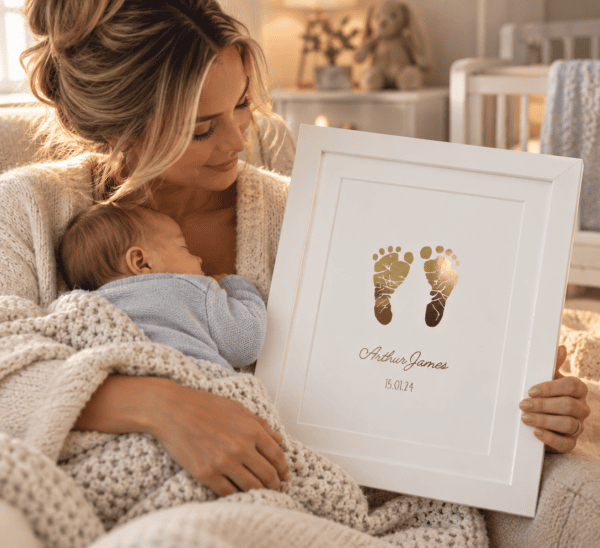 Personalised baby footprint foil print with name and date for keepsake.
