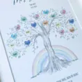 Personalised family tree print with children's names and rainbow design for teacher gift.