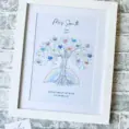 Personalised family tree print with colorful heart-shaped leaves and rainbow design.