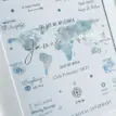 Personalised world map birth print with blue and green foil accents for baby James Samuel.