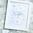 Personalised baby birth print with blue and green foil accents in a white frame.