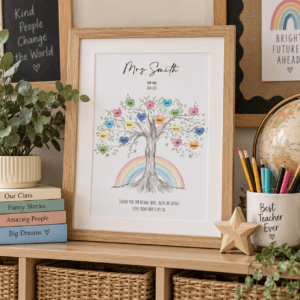 Personalised teacher family tree print with colorful rainbow and heartfelt message.