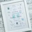 Personalised blue baby birth print with footprints and details for Arthur James.